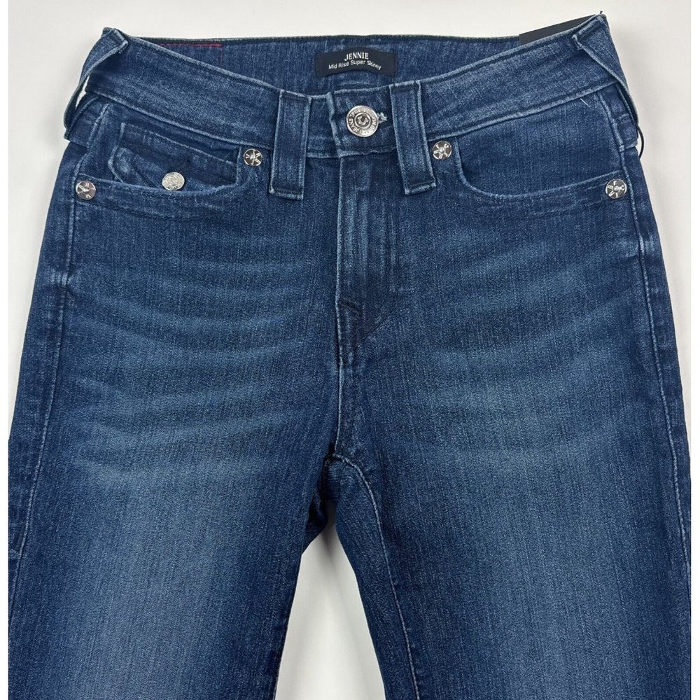 True Religion Jennie Mid Rise Super Skinny Womens 25 Dark Blue Jeans Flap Pocket - Picture 2 of 11